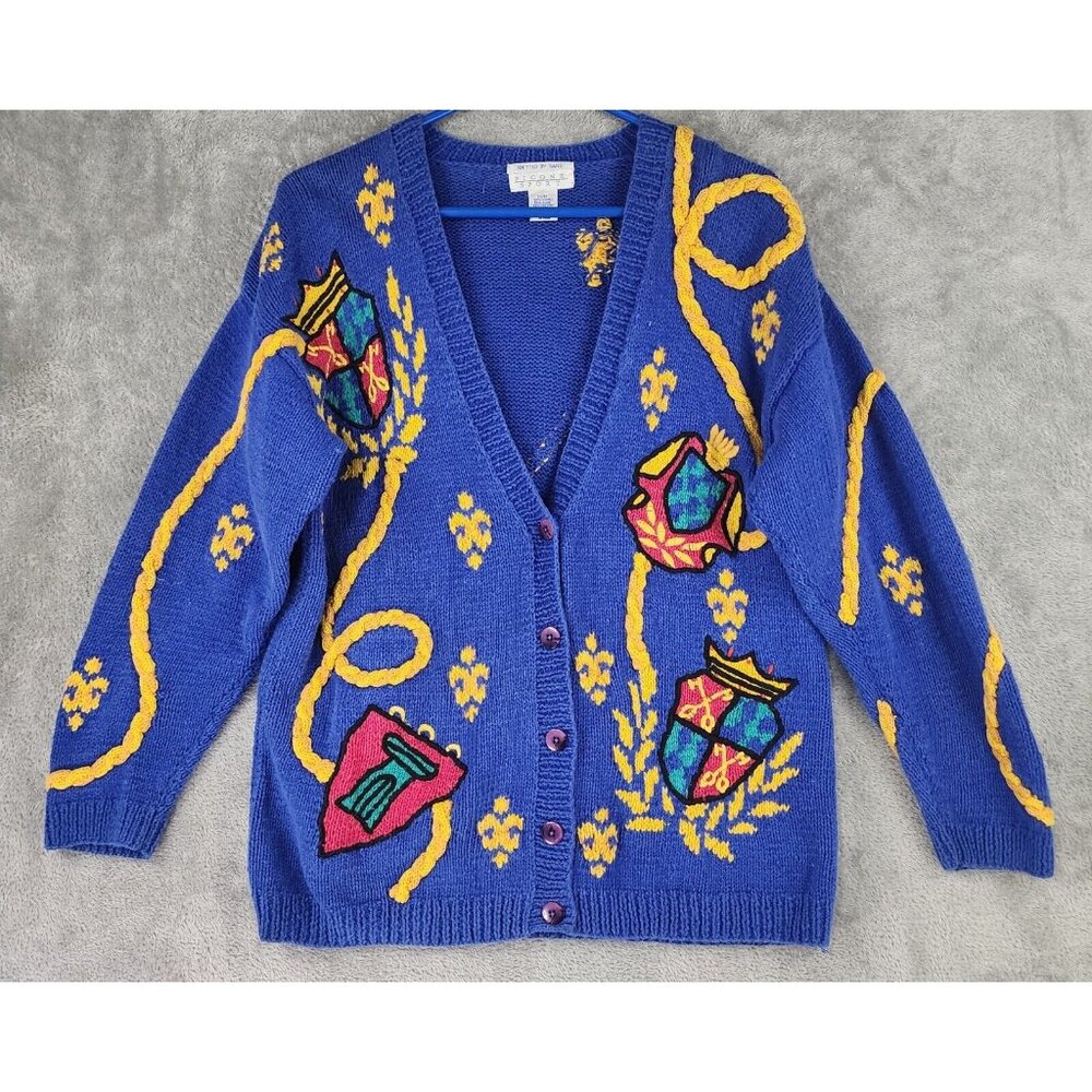 Picone Sport Sweater Womens Medium Blue Embroidered Hand Knit Vintage Cardigan
